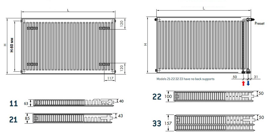 Креслення радіатора DeLonghi PHD 2.0 Panel з підключенням знизу (всі типи)